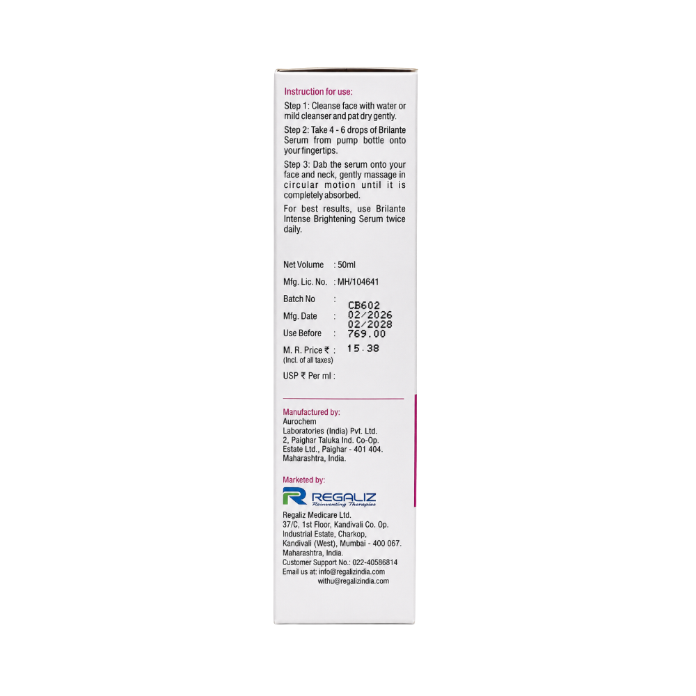 Brilante Intense Brightening Serum carton showing directions for use, 50ml volume and manufacturer details