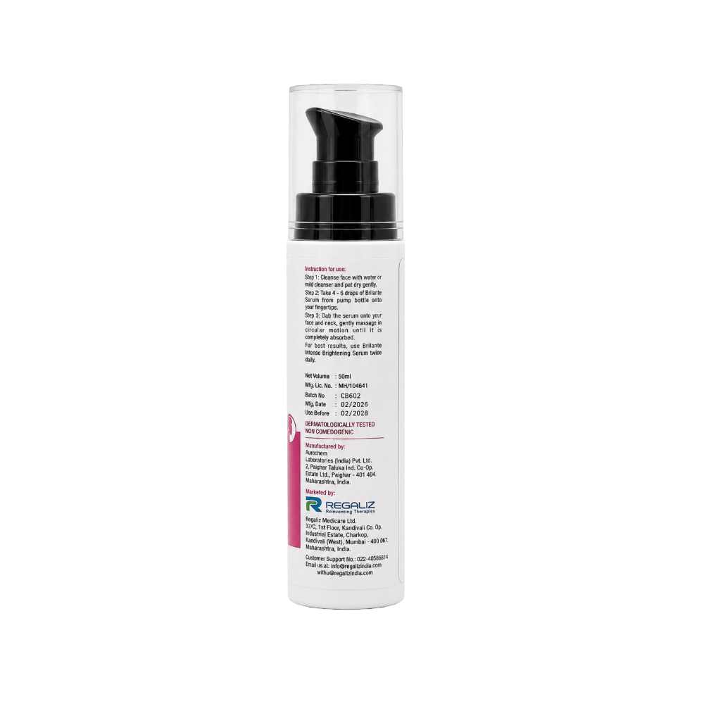 Brilante Intense Brightening Serum carton showing 4-Butylresorcinol, Alpha Arbutin and Licorice extract ingredients