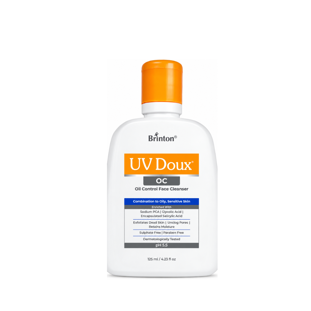 Brinton UV Doux OC Oil Control Face Cleanser 125 ml bottle with orange cap, featuring salicylic acid, glycolic acid and Sodium PCA.