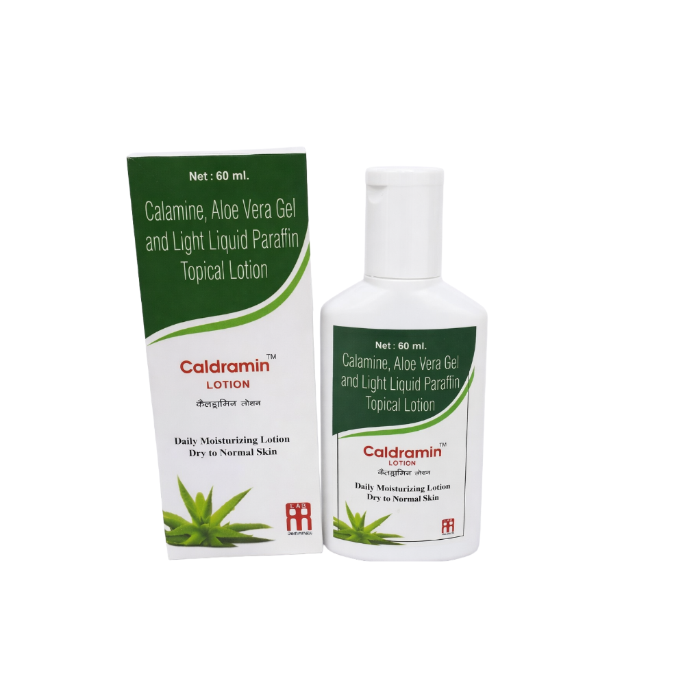 Caldramin lotion bottle and packaging on a white background