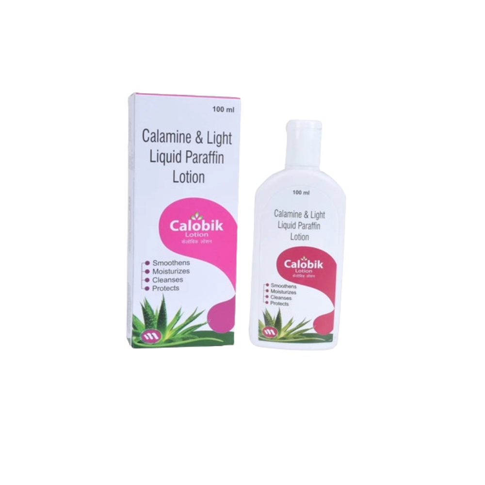Calamine & Light Liquid Paraffin Lotion packaging with bottle and box on a white background