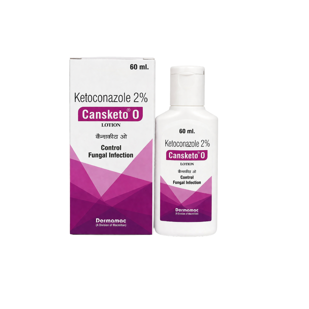 Ketoconazole 2% Cansketo O lotion bottle and packaging on a white background