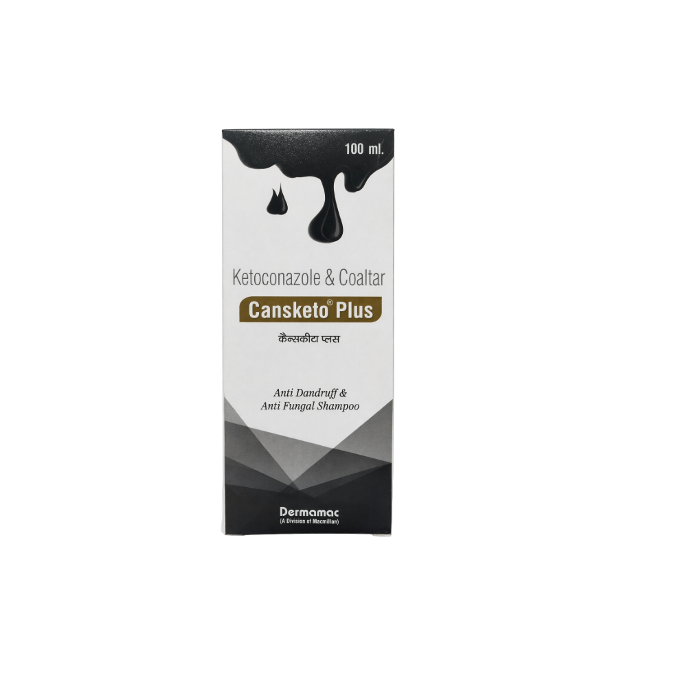 Cansketo Plus shampoo box with black droplet design on a white background