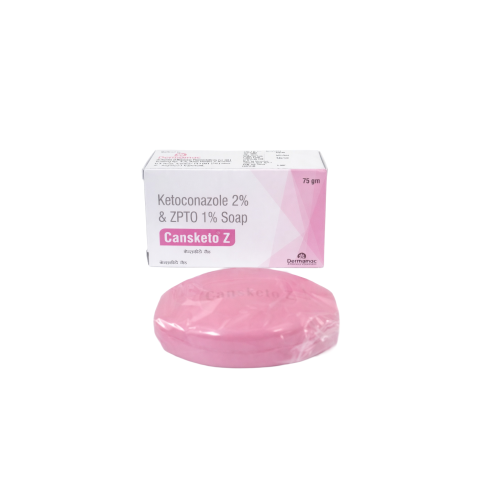 Pink soap bar with Cansketo Z packaging on a white background
