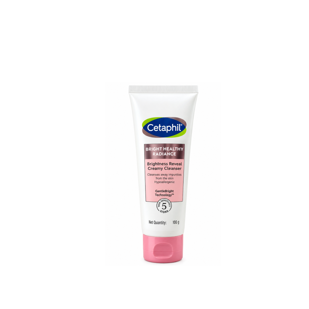 Front view of Cetaphil Bright Healthy Radiance Brightness Reveal Creamy Cleanser 100 g in a white tube with a pink cap.