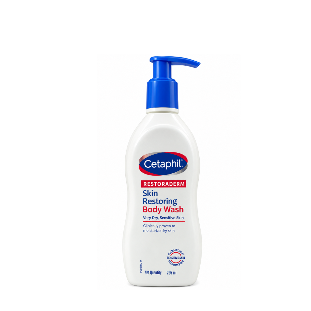 Cetaphil Restoraderm Skin Restoring Body Wash 295 ml bottle with blue pump and front label for very dry, sensitive skin.