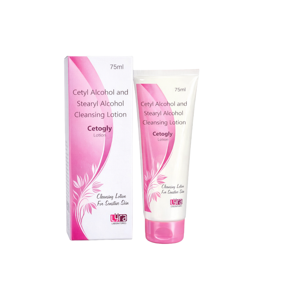 Cetogly cleansing lotion with packaging on a white background