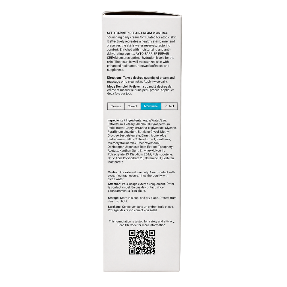 Ceuticoz AYTO Barrier Repair Cream side panel showing ingredients, directions and QR code