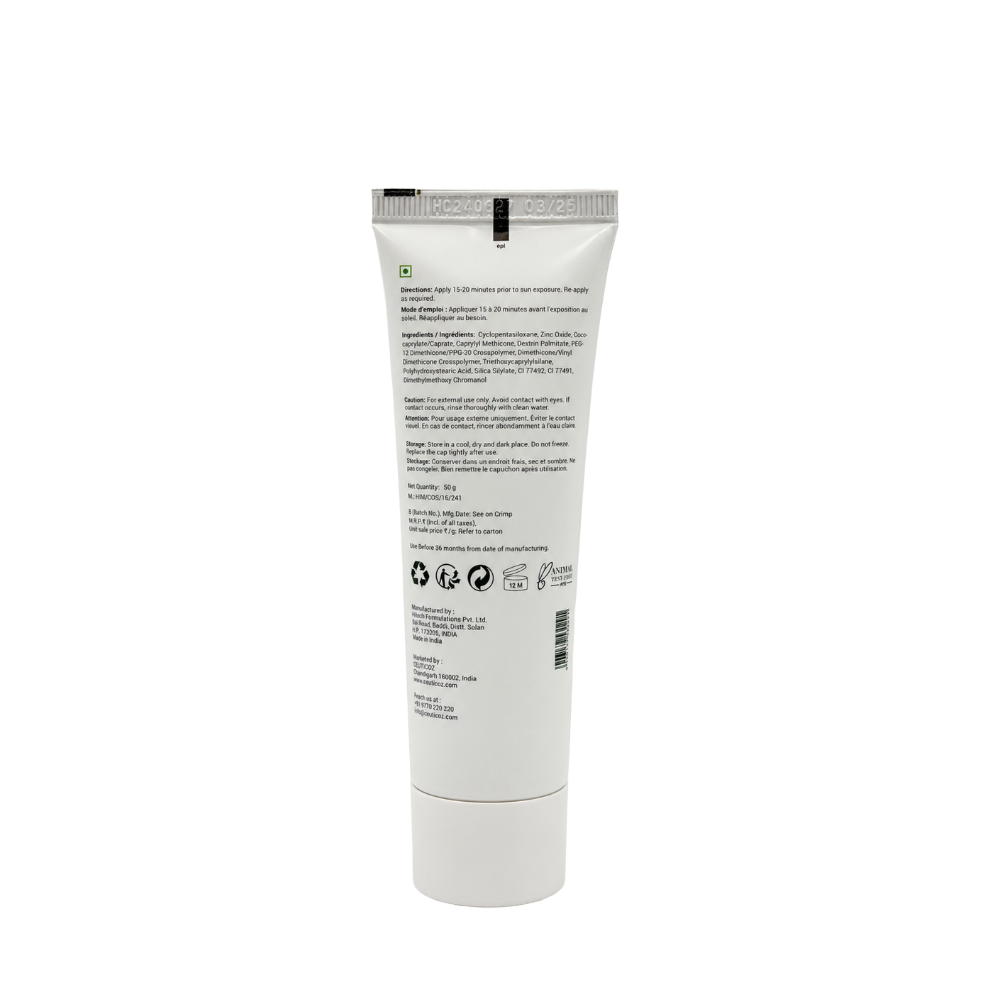 Back of Ceuticoz Clear Zinc Tinted Sunscreen Gel showing ingredients and directions