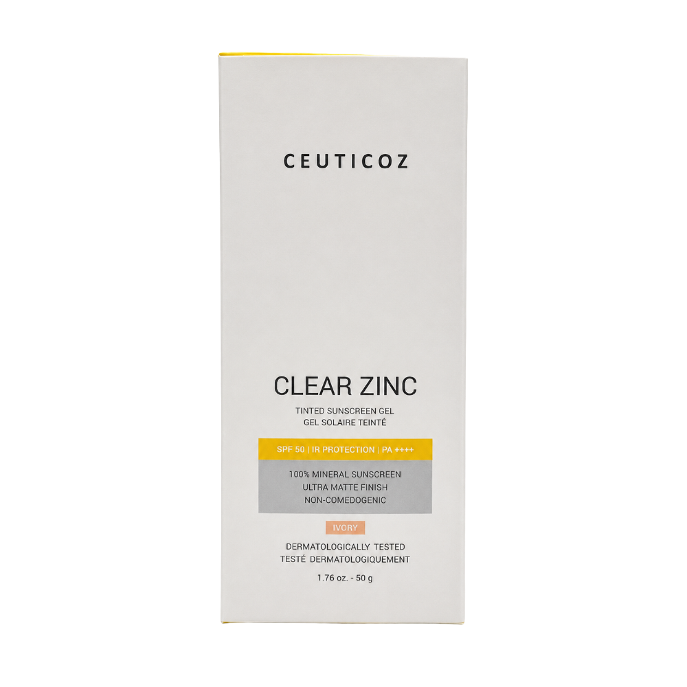 Ceuticoz Clear Zinc Tinted Sunscreen Gel SPF 50 PA++++ front box