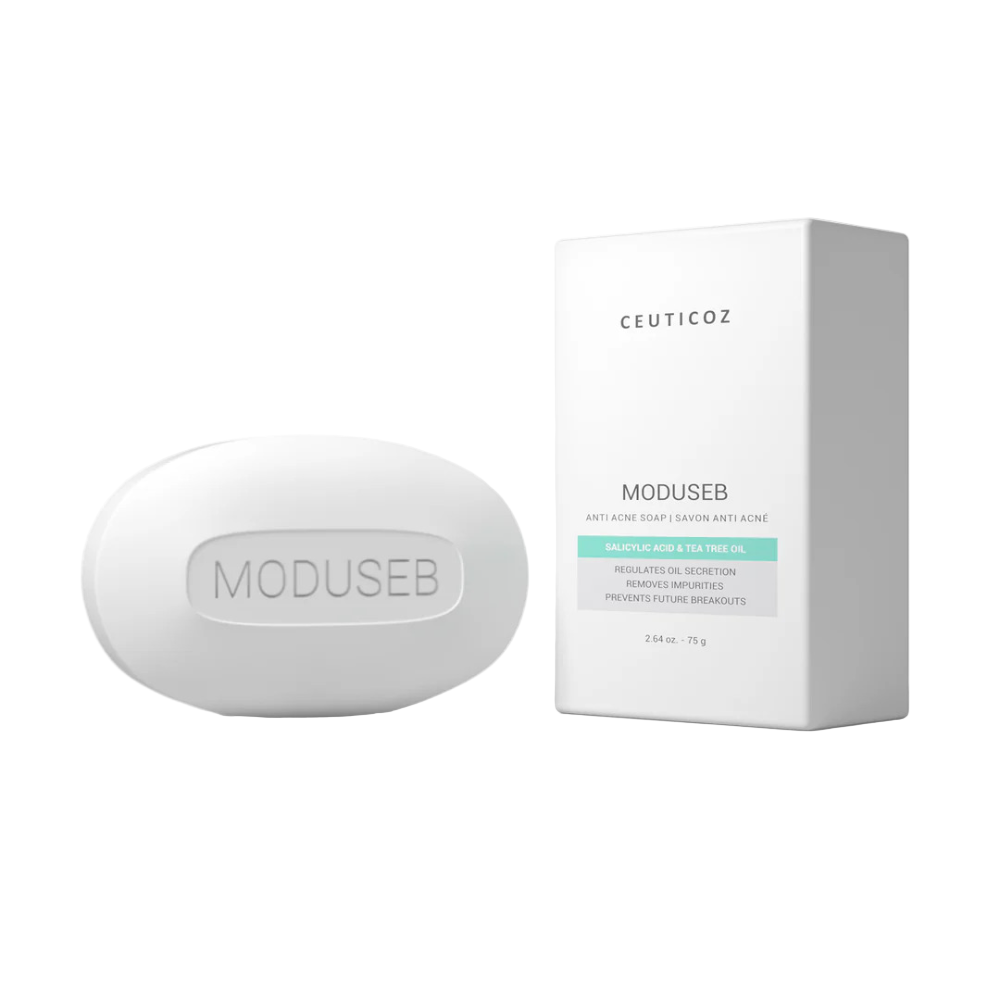 Back packaging of Ceuticoz Moduseb Acne Clarifying Soap showing ingredients, directions, warnings and manufacturer details