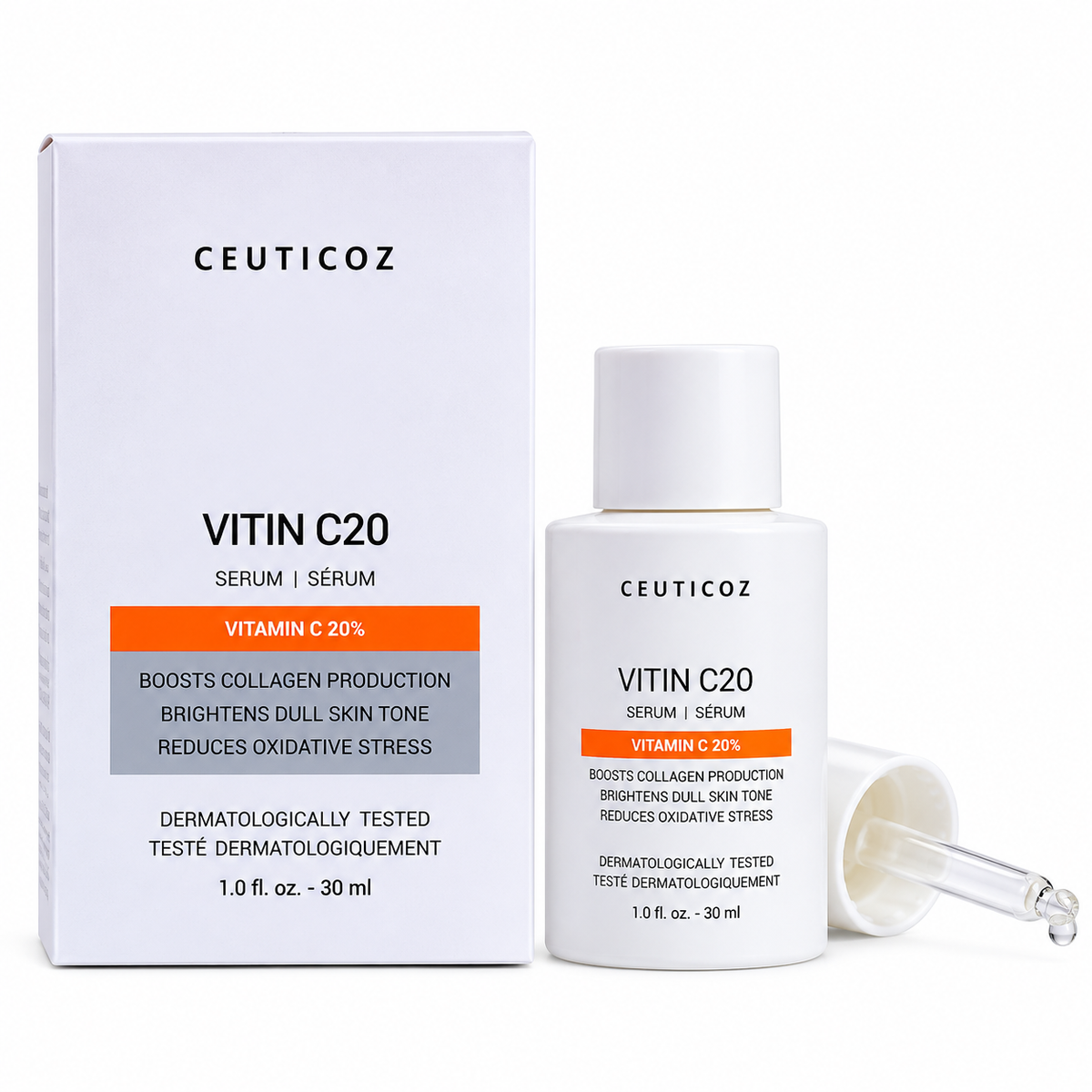 Ceuticoz Vitin C20 Vitamin C 20% Serum 30ml with box and dropper for skin brightening and collagen support.