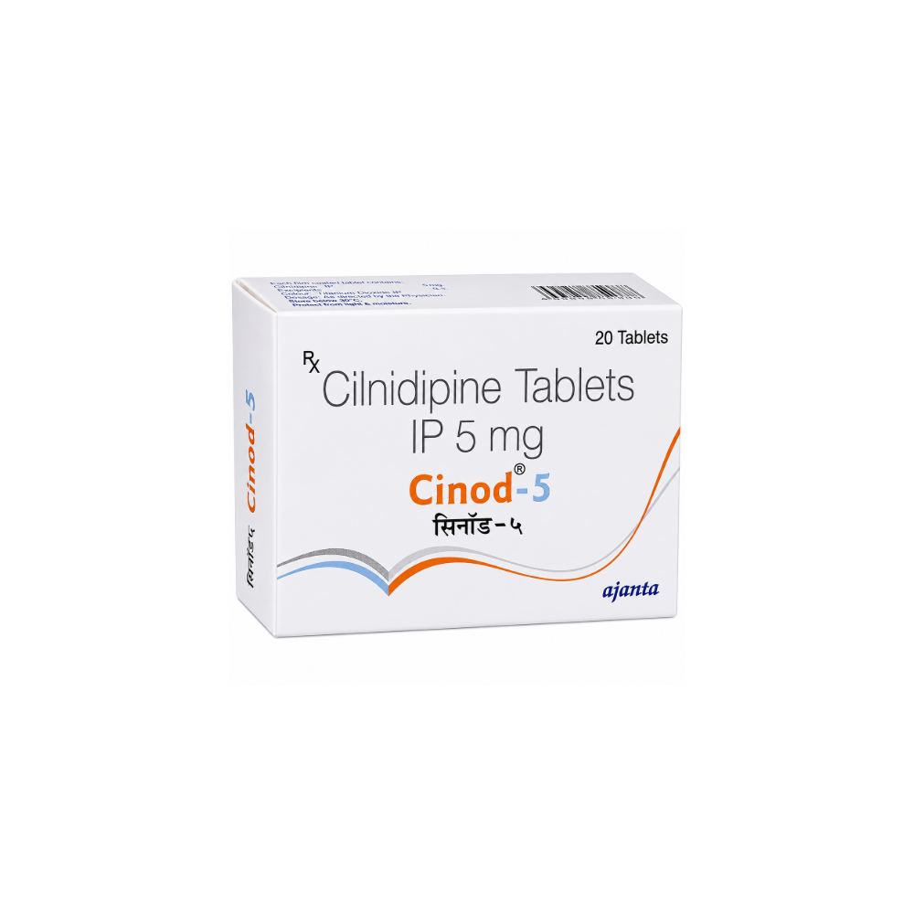 Cinod 5 Tablet MARKETED BY: Ajanta Pharma Ltd PACK OF: 20 tablets in 1 strip SALT NAME: Cilnidipine (5mg) Prescription Required: Yes USES: Treatment of Hypertension (high blood pressure), Prevention of Angina (heart-related chest pain), Prevention of Heart attack, Prevention of Stroke ALTERNATE BRAND:-Cilday 5 Tablet, Cilory 5 Tablet, Neual 5 Tablet, Cilidin 5mg Tablet, Loclan 5mg Tablet, Manufacturer/Marketer Address: Ajanta House, Charkop, Kandivli West, Mumbai 400 067, India, Country of Origin: India