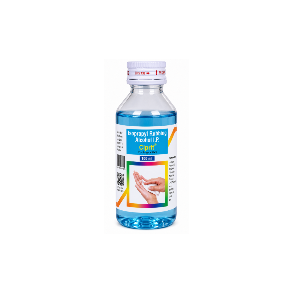 Ciprit Isopropyl Rubbing Alcohol A bottle of Ciprint H2Opropyl Rubbing Alcohol 1% with a white cap and a colorful label, shown against a plain white background.