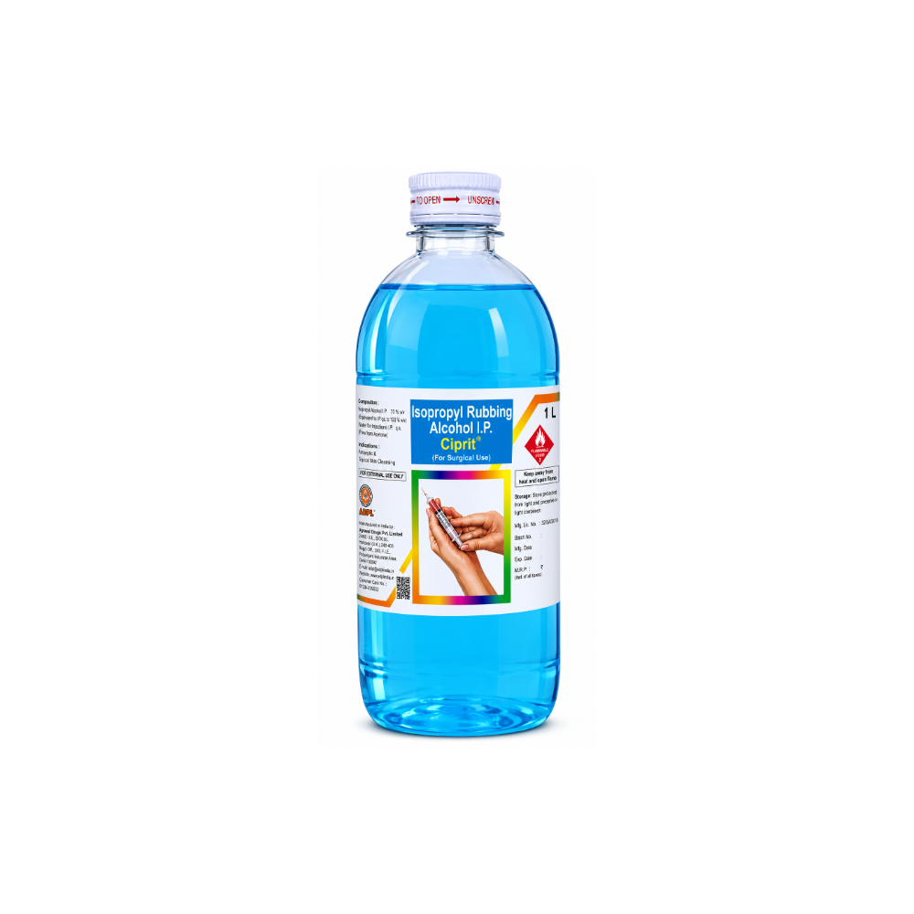 Ciprit Isopropyl Rubbing Alcohol 1-liter plastic bottle of Isopropyl Alcohol 70% (IPA) disinfectant liquid, filled with bright blue liquid, featuring a white label with multicolor graphics and a white cap, shown on a plain white background.