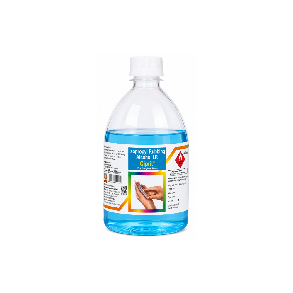 Ciprit Isopropyl Rubbing Alcohol bottle of Isoproynol Rubbing Alcohol 70% by Capgem, featuring a clear plastic bottle filled with blue liquid, a white cap, and a white label with blue and orange text.