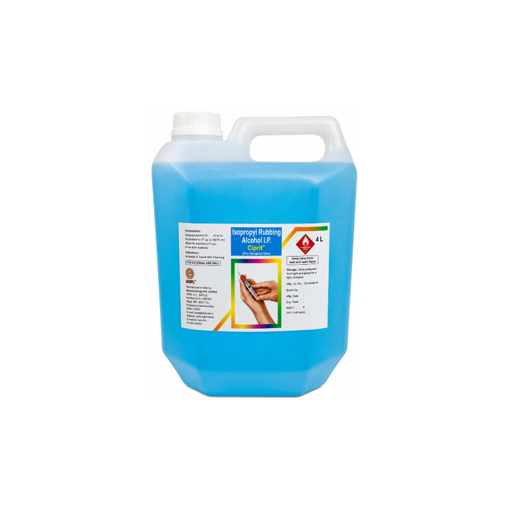 Ciprit Isopropyl Rubbing Alcohol 4-liter plastic jug of Isopropyl Alcohol LP (Isopropanol 99%) containing bright blue liquid, with a white cap and handle, and a white label on a plain white background.