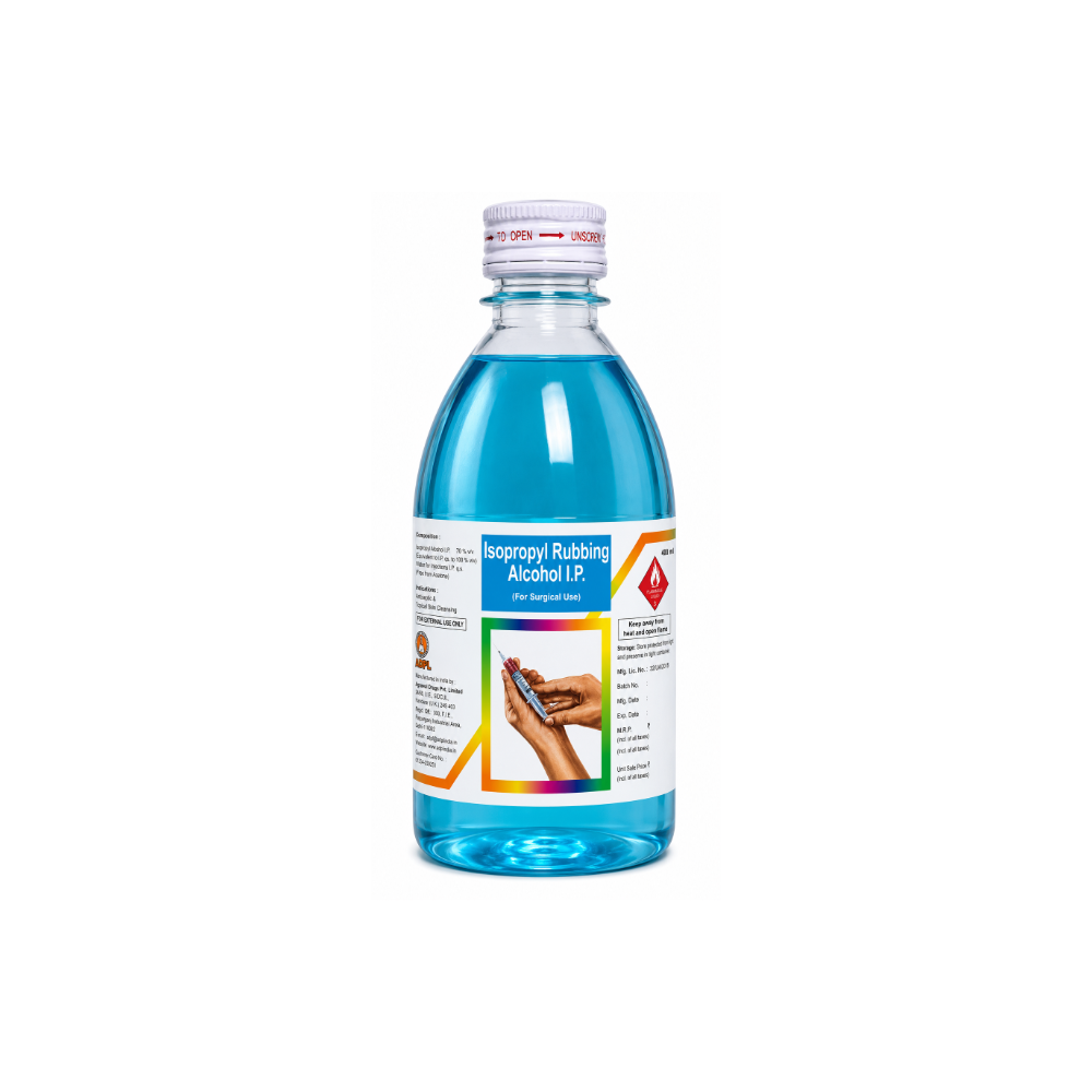 Ciprit Isopropyl Rubbing Alcohol clear plastic bottle filled with bright blue liquid, sealed with a white cap, and labeled 'Isopropyl Rubbing Alcohol 70%' with a white front label and hazard symbol, isolated on a white background.