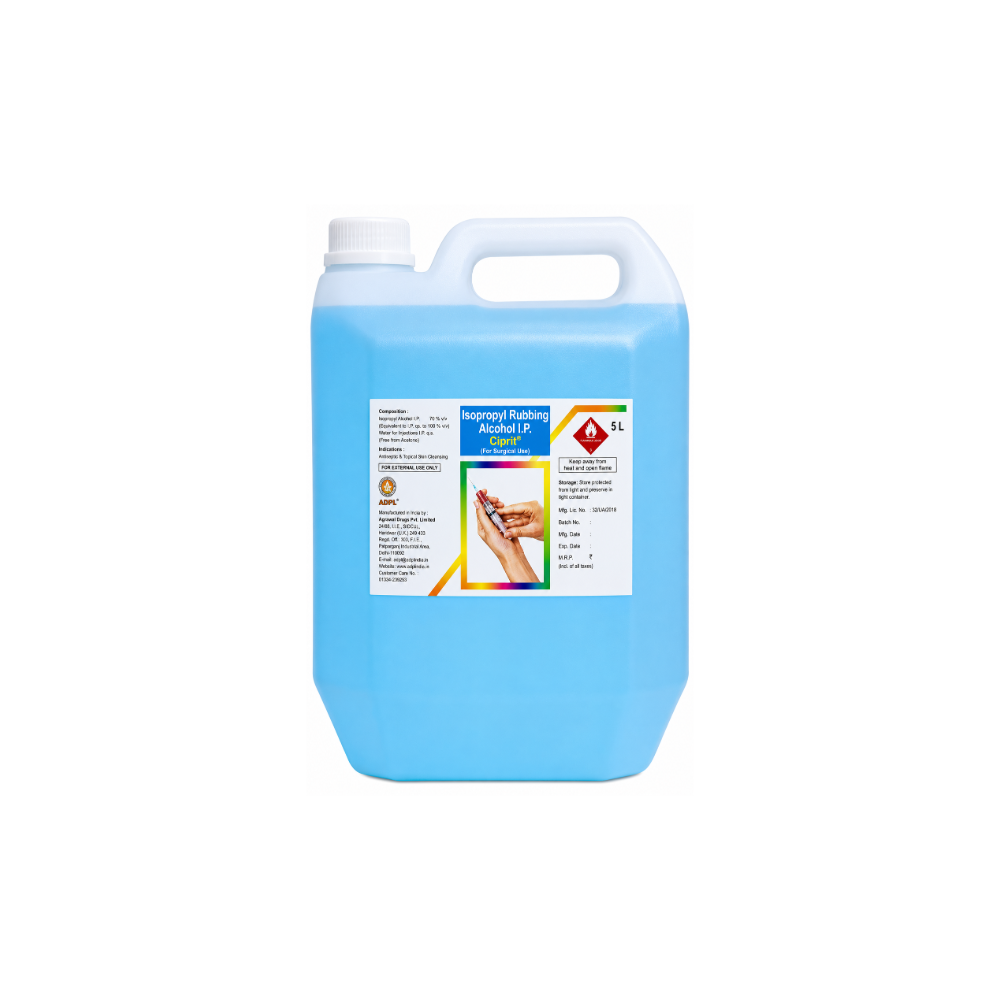 Ciprit Isopropyl Rubbing Alcohol 5-liter plastic jug of Hyperspray Rubbing Alcohol 70% with a white cap and handle, filled with light blue liquid, shown against a plain white background.