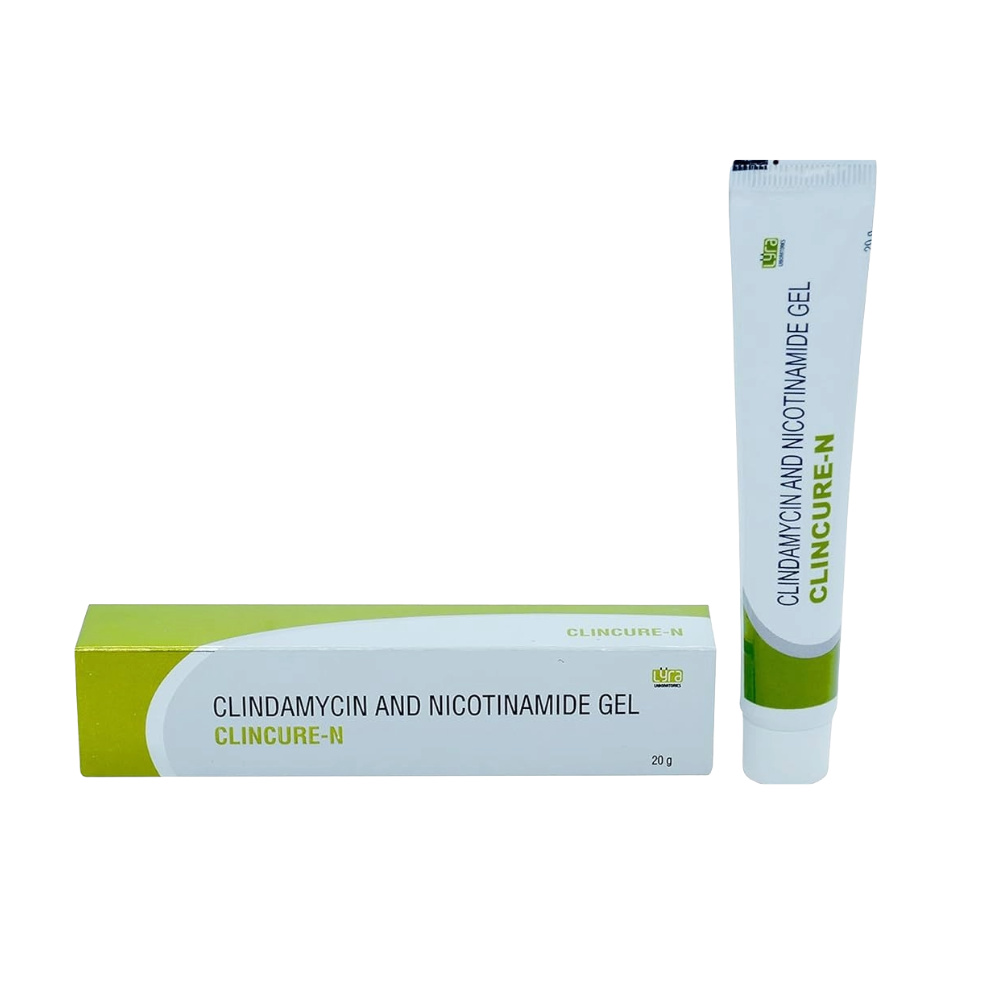 Clinicure-N clindamycin and nicotinamide gel tube and box on a white background