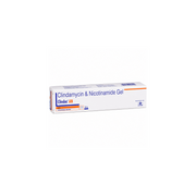 A white rectangular box of Clindamycin & Nicotinamide Gel by Clindac AN, featuring blue and orange text and accents, set against a plain white background.
