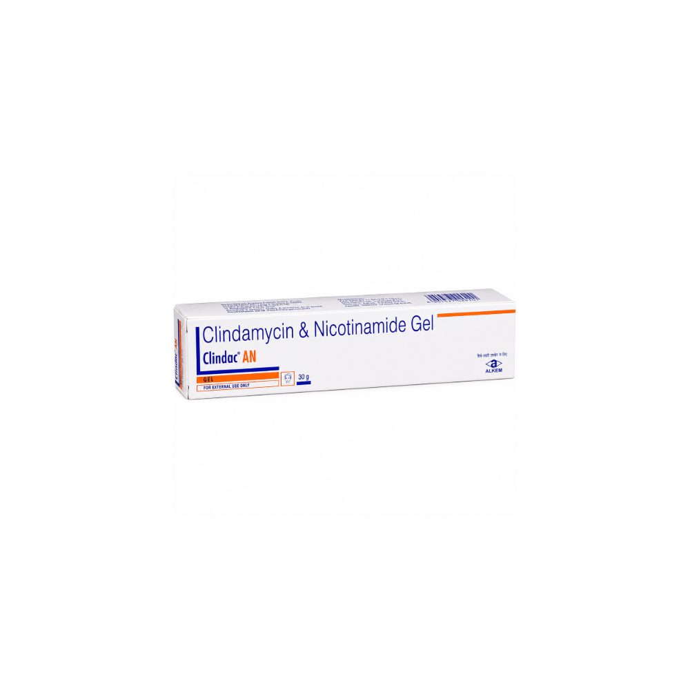 A white rectangular box of Clindamycin & Nicotinamide Gel by Clindac AN, featuring blue and orange text and accents, set against a plain white background.