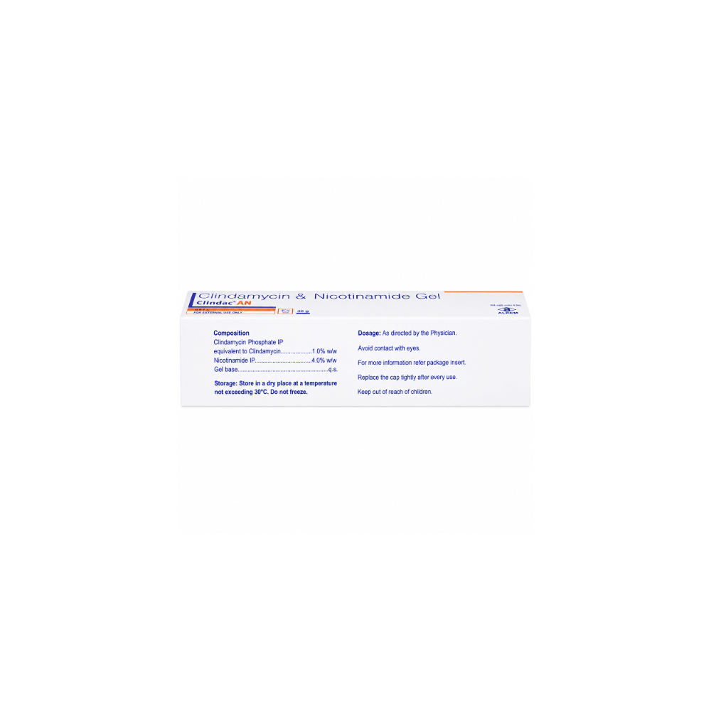 Clindac An Gel A white rectangular medicine box for CLINDAMYCIN& NicotinAMIDE , with blue and orange text, photographed against a plain white background.