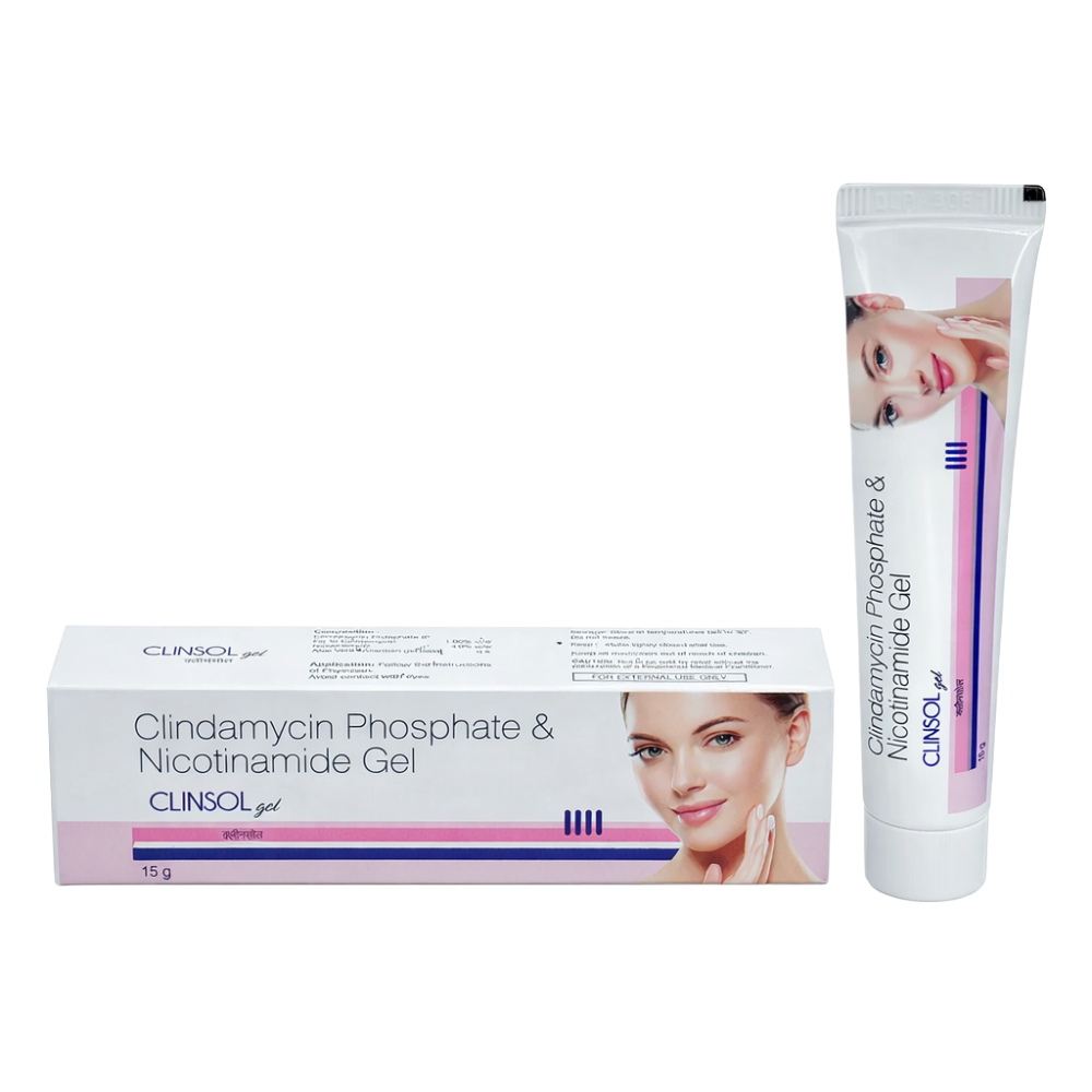 Clinsol Clindamycin Phosphate & Nicotinamide Gel packaging on a white background