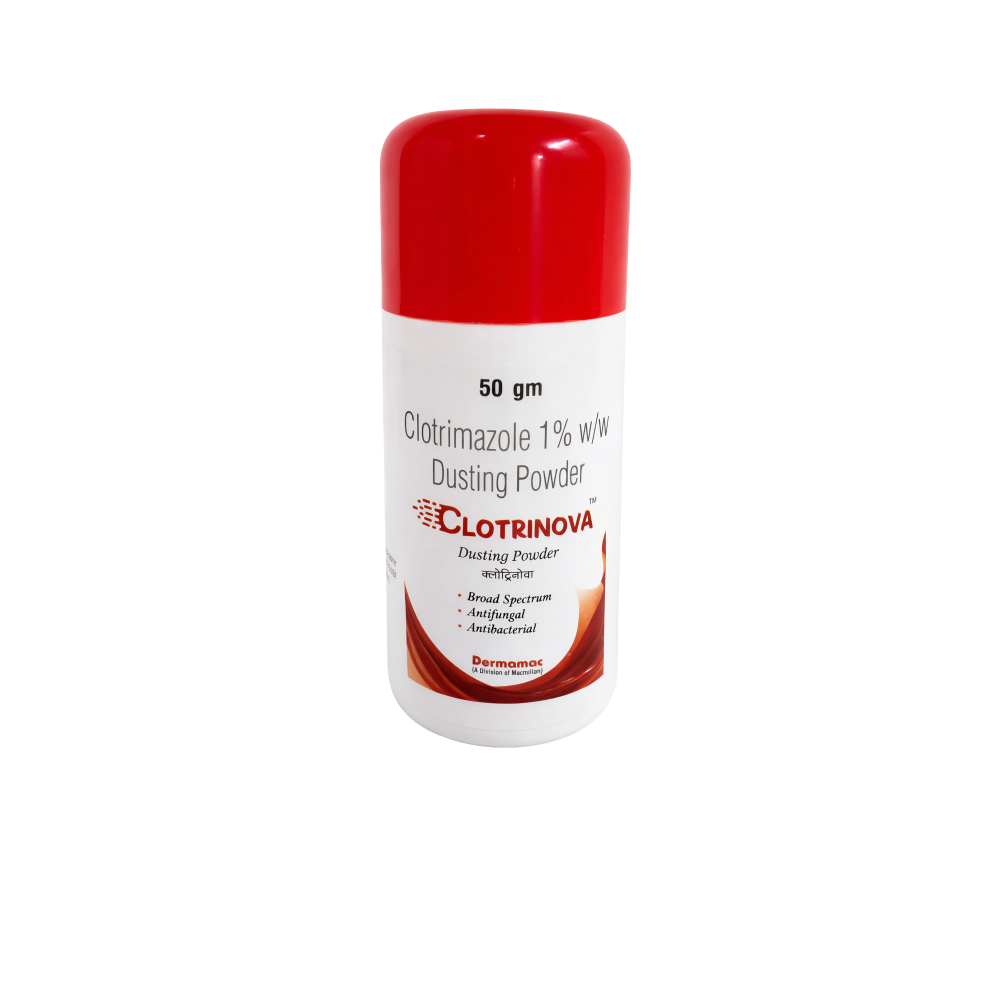 Clotrinova dusting powder container with red cap on a white background