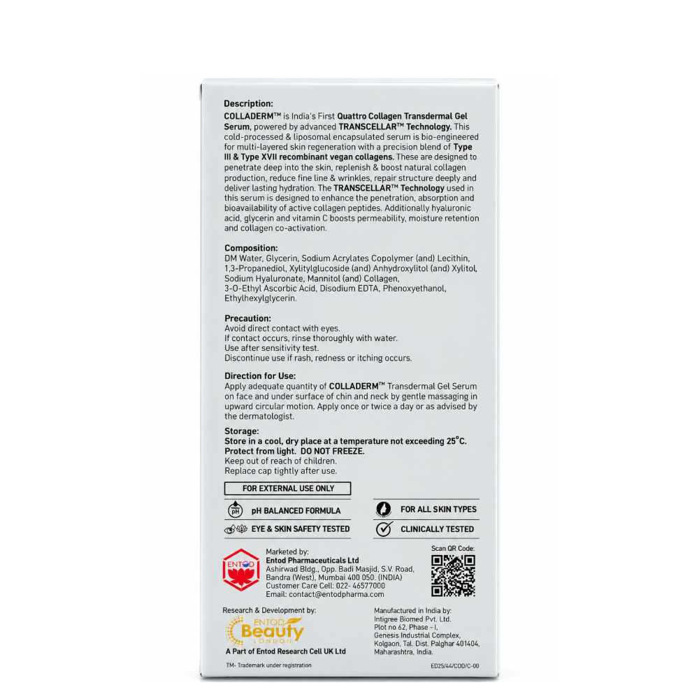 Back of the Colladerm serum carton showing product description, composition, precautions, directions for use and storage instructions.