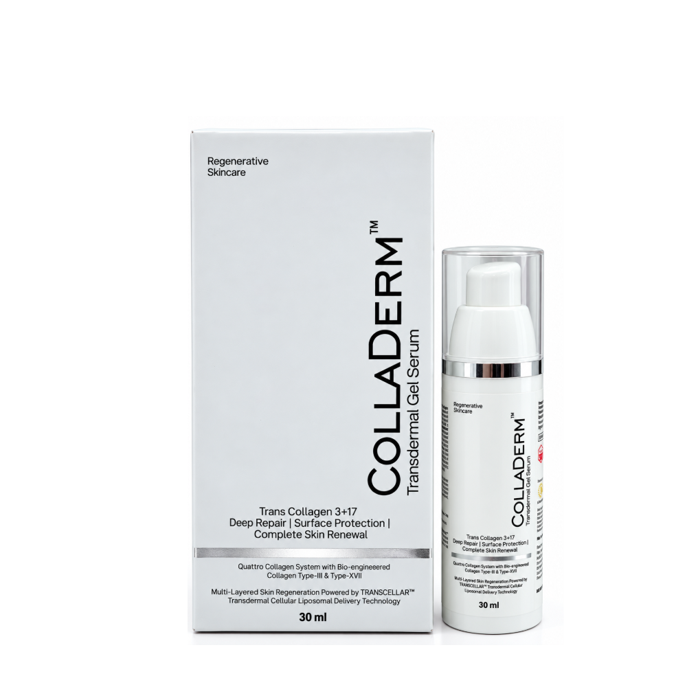 Colladerm Transdermal Gel Serum 30 ml carton beside the white pump bottle.