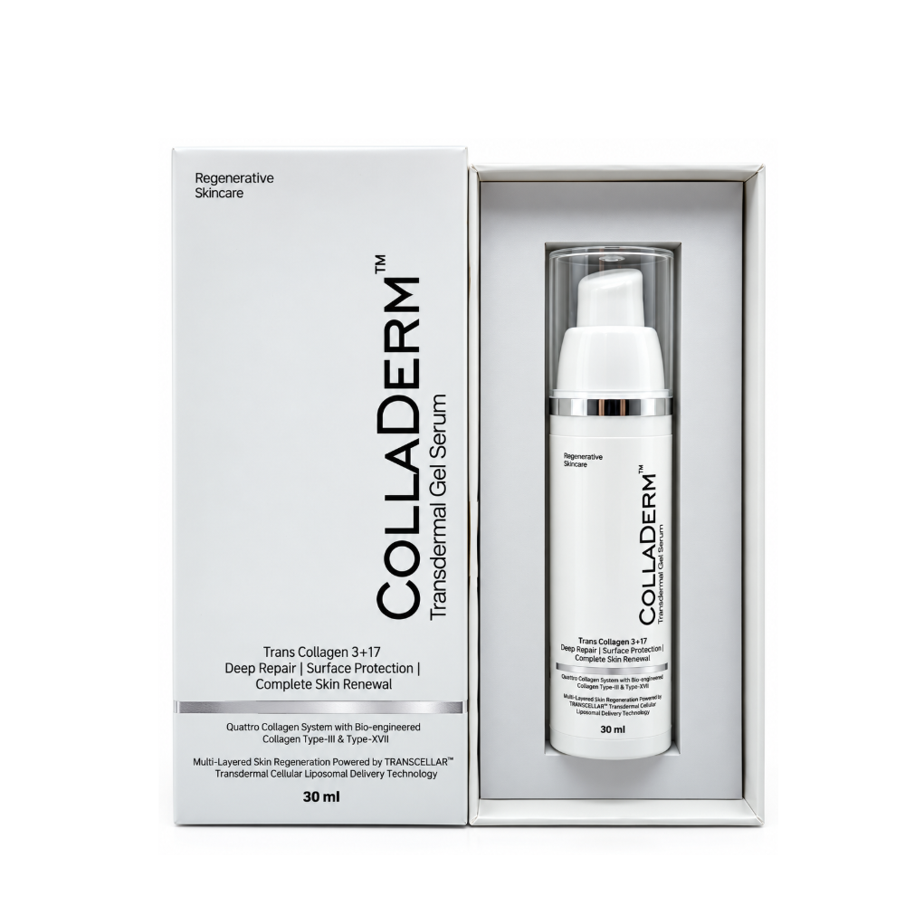 Colladerm Transdermal Gel Serum 30ml white box and pump bottle showing the product name and collagen skincare claims.