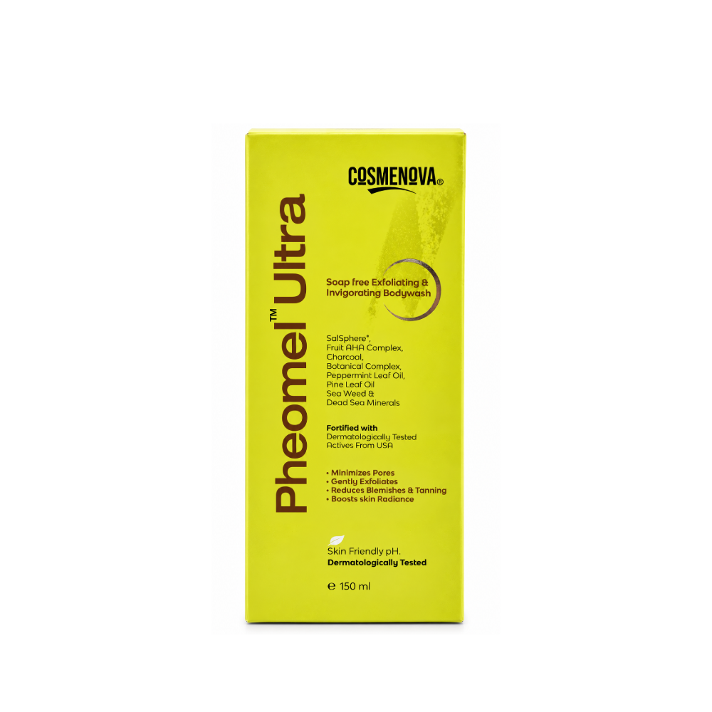 Front packaging of Cosmenova PheomeL Ultra soap-free exfoliating and invigorating body wash, 150 ml.