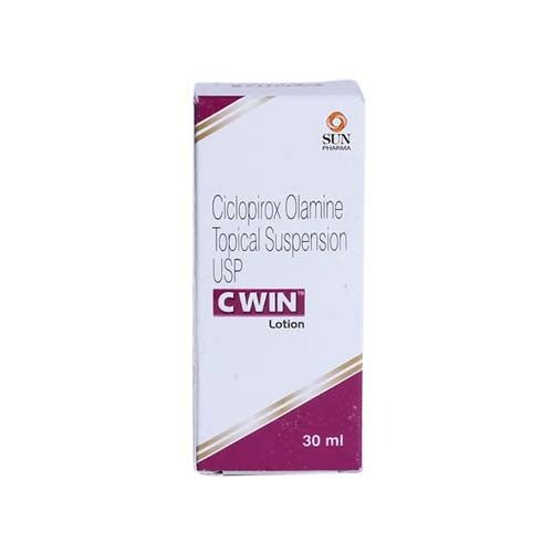 Ciclopirox Olamine Topical Suspension USP Lotion packaging box in white and purple color with text and branding.