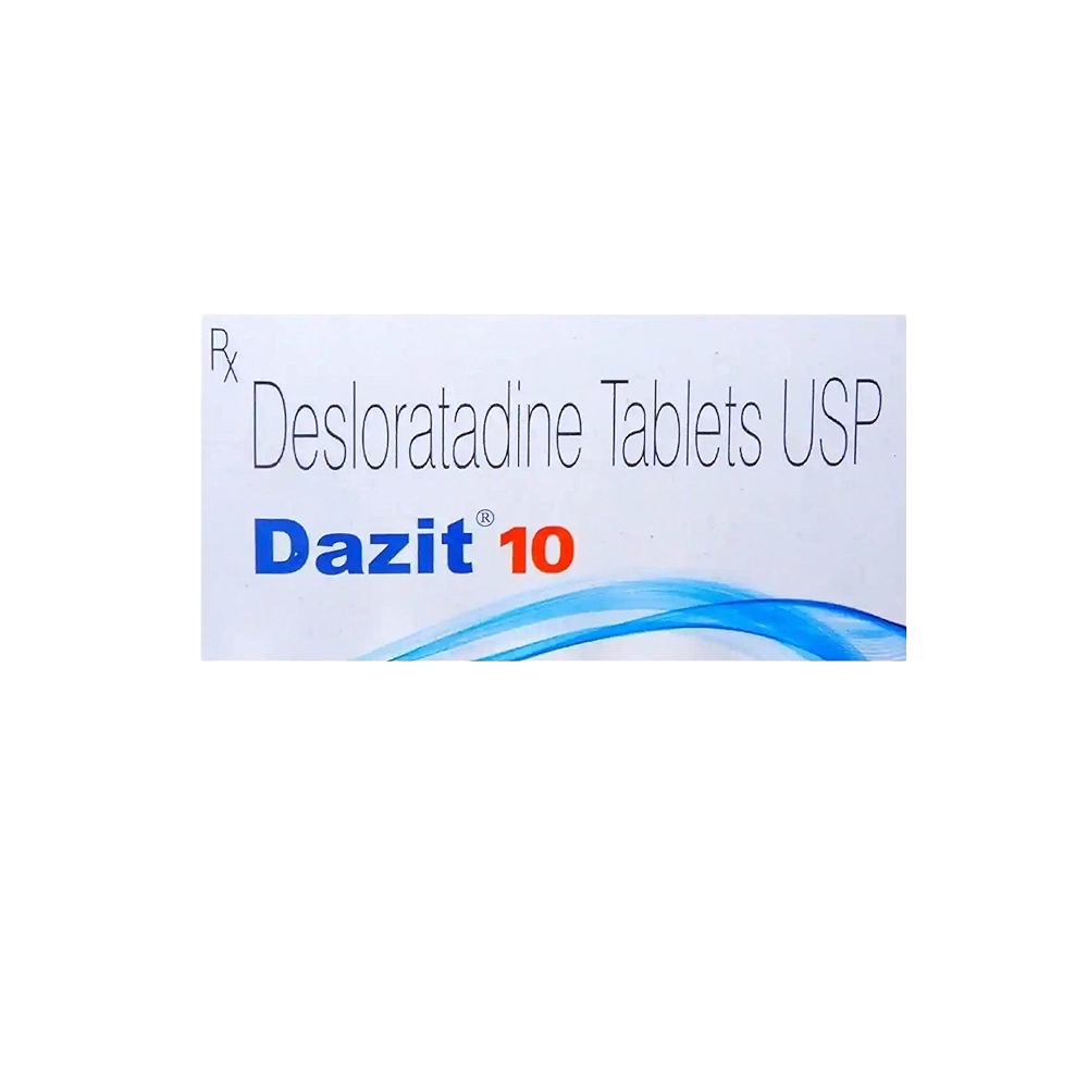 Box of Dazit 10 Desloratadine Tablets USP on a white background