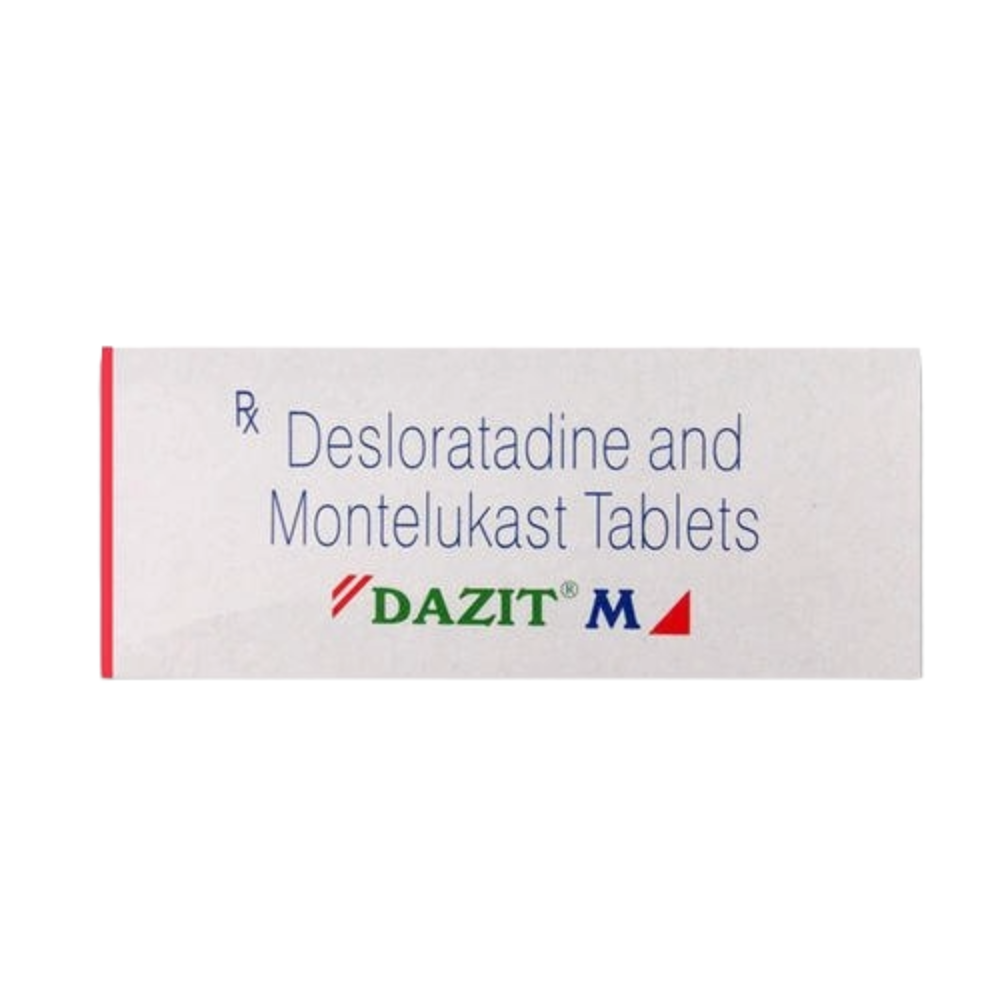 Box of Desloratadine and Montelukast Tablets with DAZIT and M logos on a white background