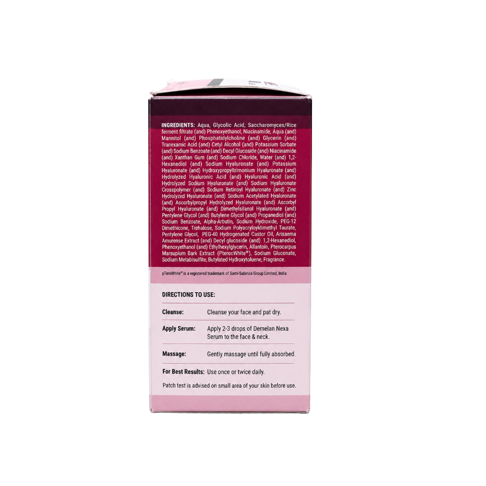 Demelan Nexa Serum 30ml back packaging with ingredients and directions for use