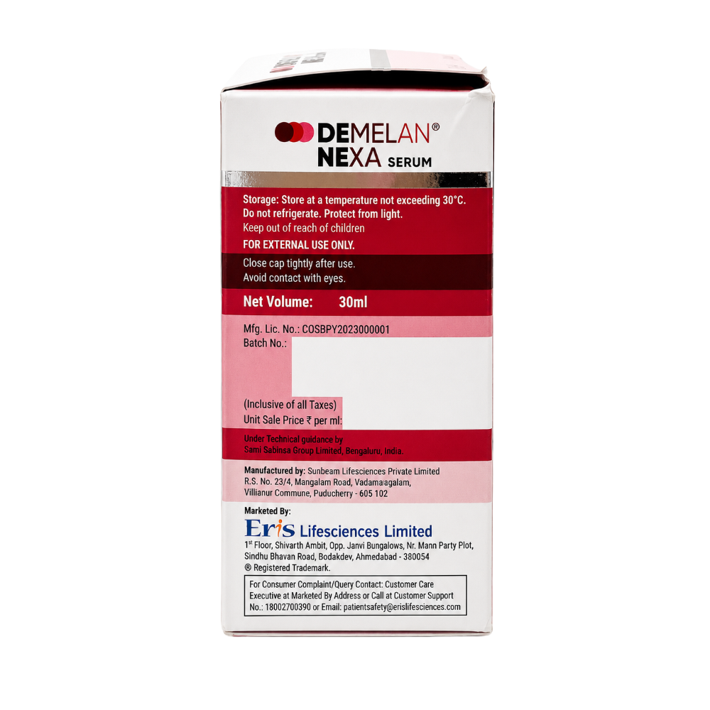 Demelan Nexa Serum 30ml side packaging with Melazero Tranexamic Acid and Glycolic Acid