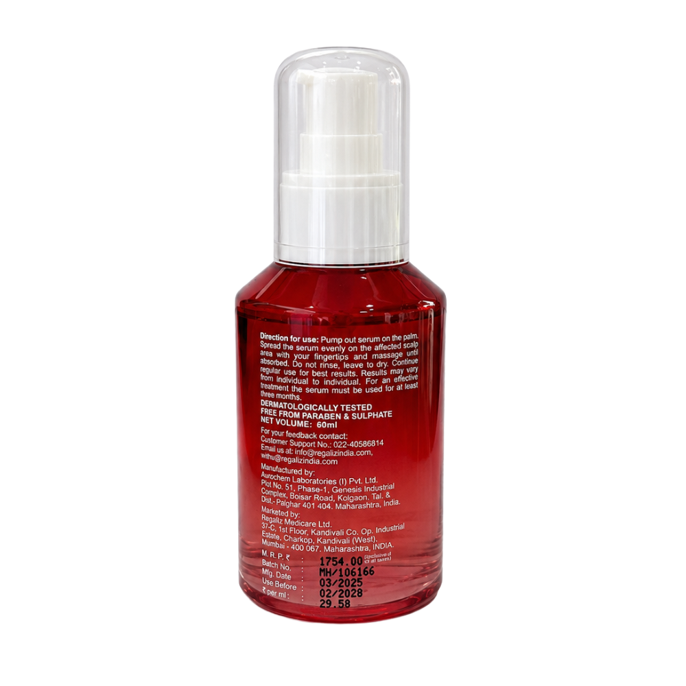 Back view of Densita Plus Hair Growth Serum 60ml showing manufacturer details, product information, usage instructions, storage guidelines, and batch details.