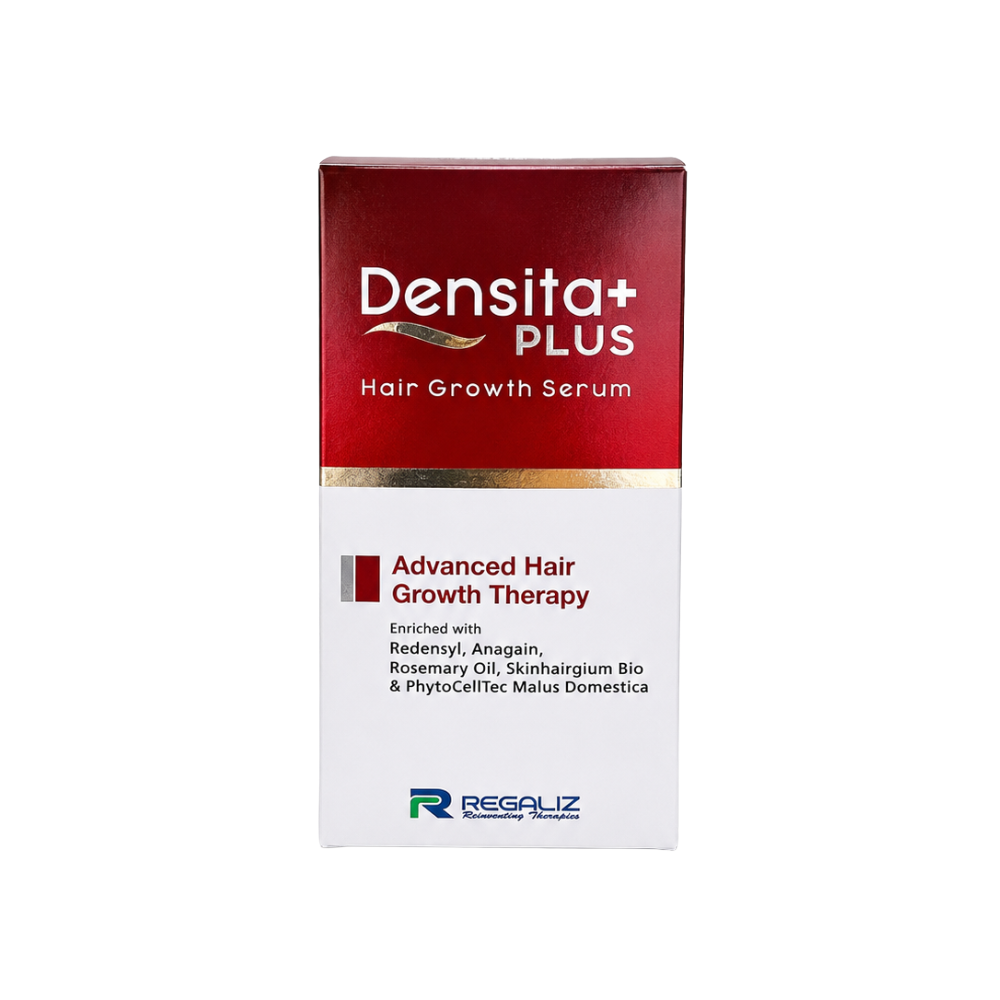 Front view of Densita Plus Hair Growth Serum 60ml box by Regaliz featuring Advanced Hair Growth Therapy with Redensyl®, Anagain®, Rosemary Oil, Skinhairgium Bio®, and PhytoCellTec™ Malus Domestica.