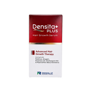 Front view of Densita Plus Hair Growth Serum 60ml box by Regaliz featuring Advanced Hair Growth Therapy with Redensyl®, Anagain®, Rosemary Oil, Skinhairgium Bio®, and PhytoCellTec™ Malus Domestica.