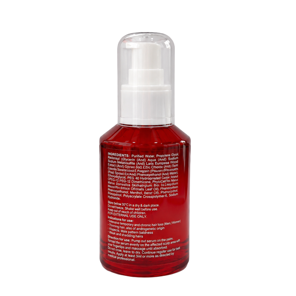 Back label of Densita Plus Hair Growth Serum 60ml displaying ingredients, directions for use, storage instructions, and product details with Redensyl, Anagain, Rosemary Oil, Skinhairgium Bio, and PhytoCellTec Malus Domestica.