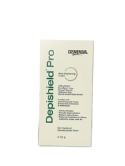Hand holding a box of Depishield Pro body brightening cream by Cosmenova on a gray background