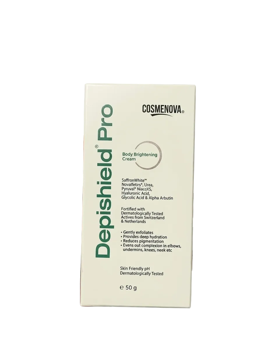 Hand holding a box of Depishield Pro body brightening cream by Cosmenova on a gray background