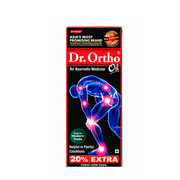 Front view of Dr. Ortho Ayurvedic Oil by Dr. Juneja’s, showing the red and black box and 100 ml plus 20 ml extra pack.