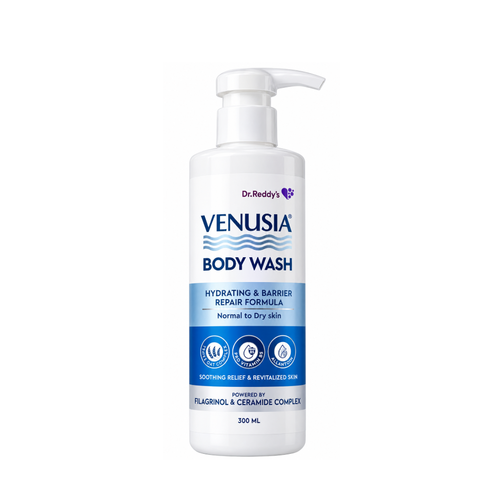 Dr. Reddy’s Venusia Hydrating Body Wash 300 ml pump bottle with oat complex, Pro-Vitamin B5, allantoin and a hydrating barrier repair formula for normal to dry skin.