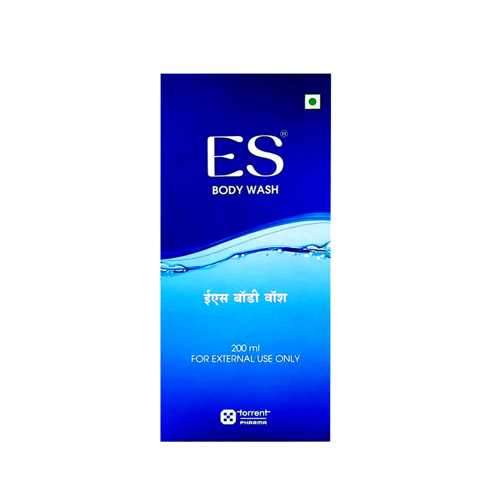 ES Body Wash packaging with blue gradient and water wave design on a white background