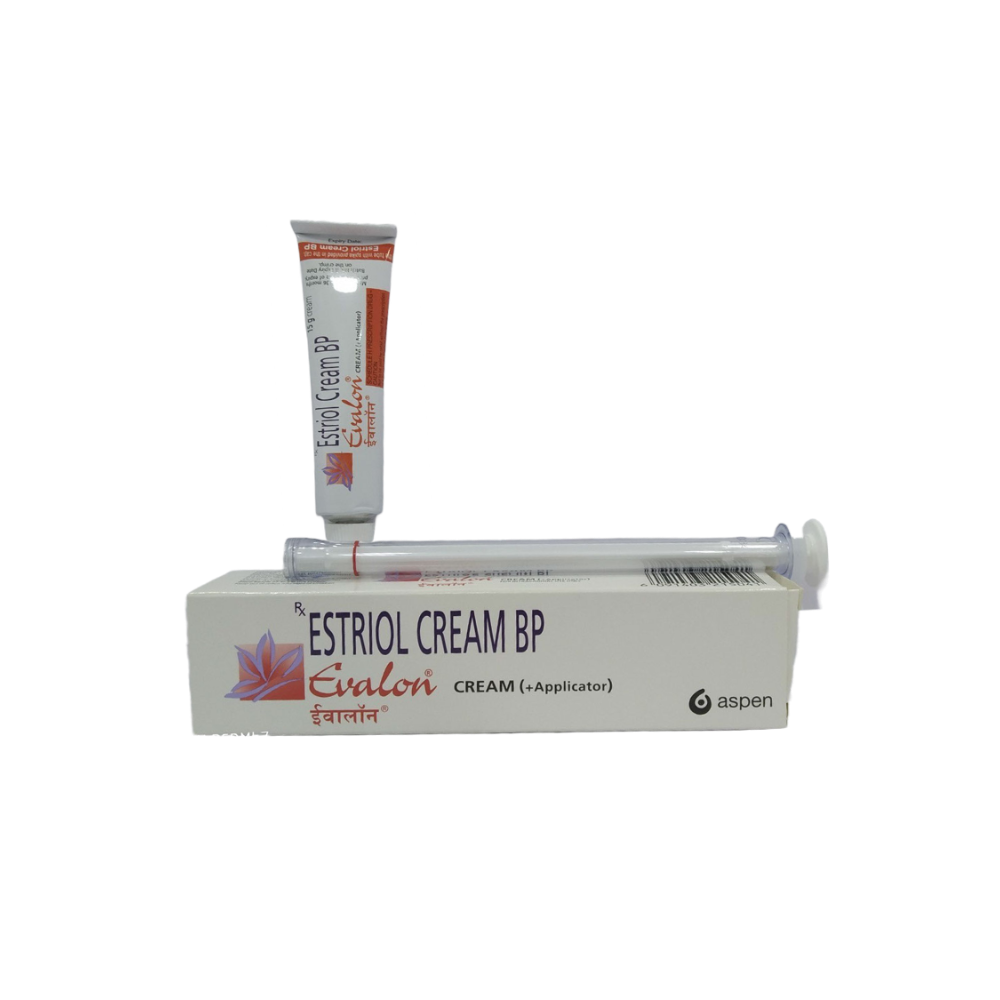 Estriol Cream BP packaging with applicator on a white background