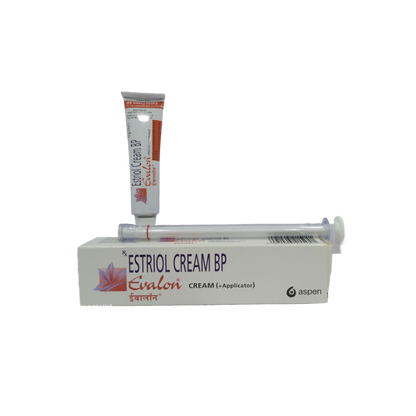 Estriol Cream BP packaging with applicator on a white background