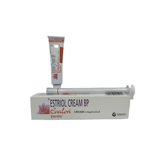 Estriol Cream BP packaging with applicator on a white background